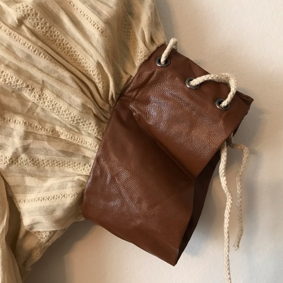 BELLE Pogue tan lace up top with faux leather sleeve cuffs. Size small. - Picture 2 of 12